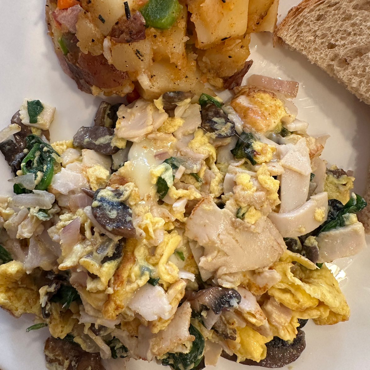 Spinch, Meat, Mushroom Scramble.